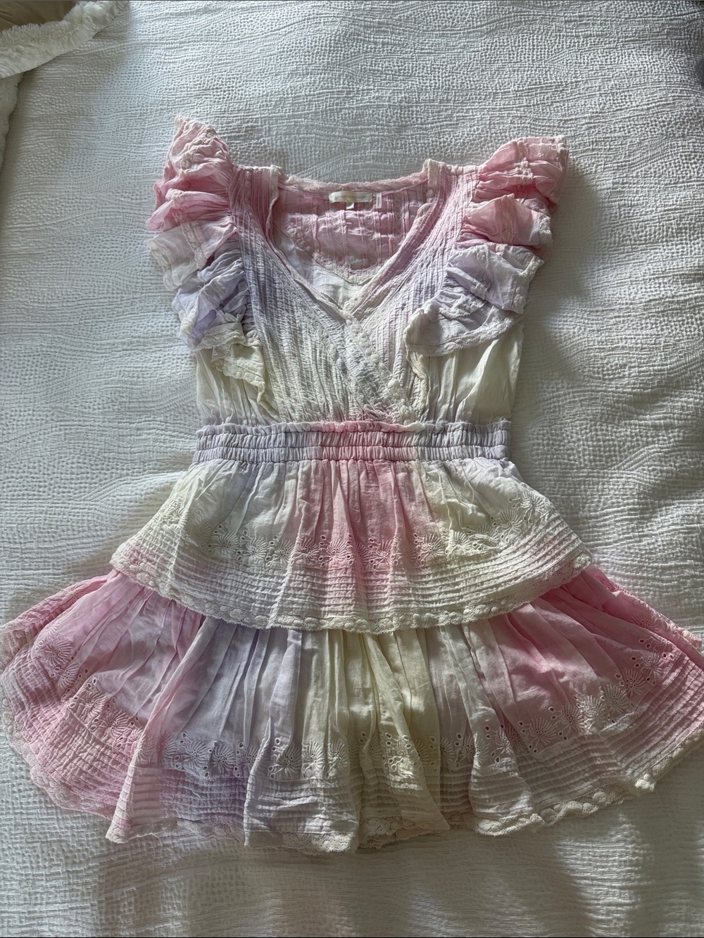 LoveShackFancy Pastel Pink and Cream Tiered Ruffle Dress